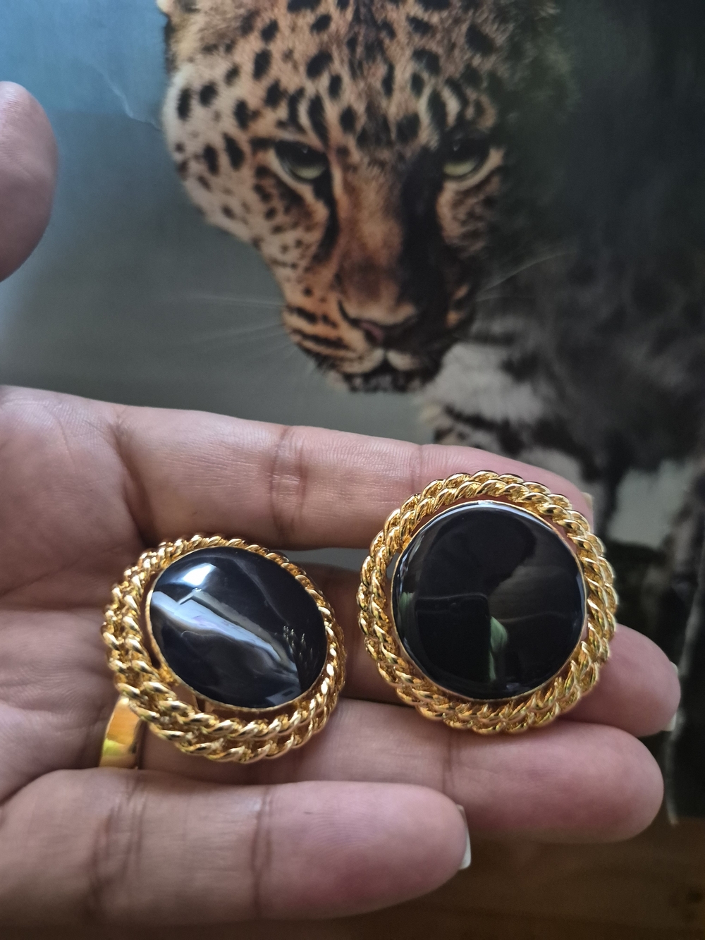 Gold And Navy Blue Carbochon Statement Clip-On Earrings